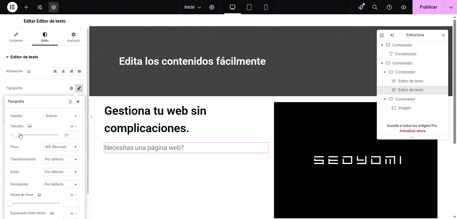 GIF animado del panel WordPress para editar tu web Vista del panel de administración de una página web autogestionable en WordPress